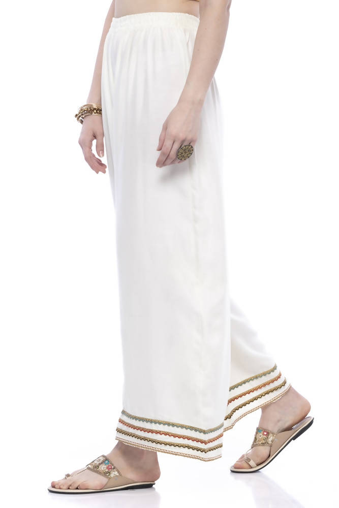 Cream Wide Leg Rayon Cotton Palazzo Pants for Women