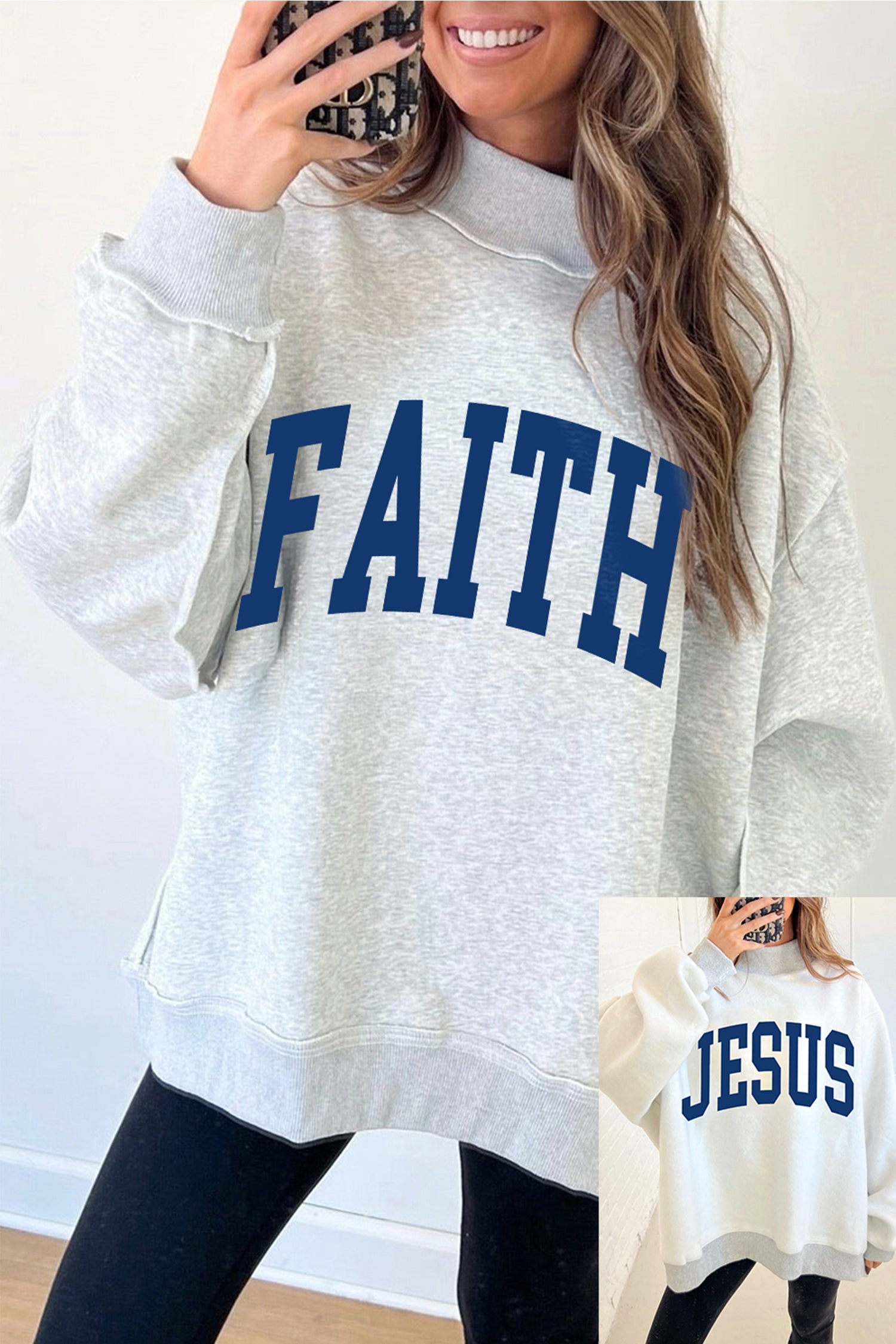 Light Grey FAITH/ JESUS Double Side Letter Print Casual High Neck Sweatshirt