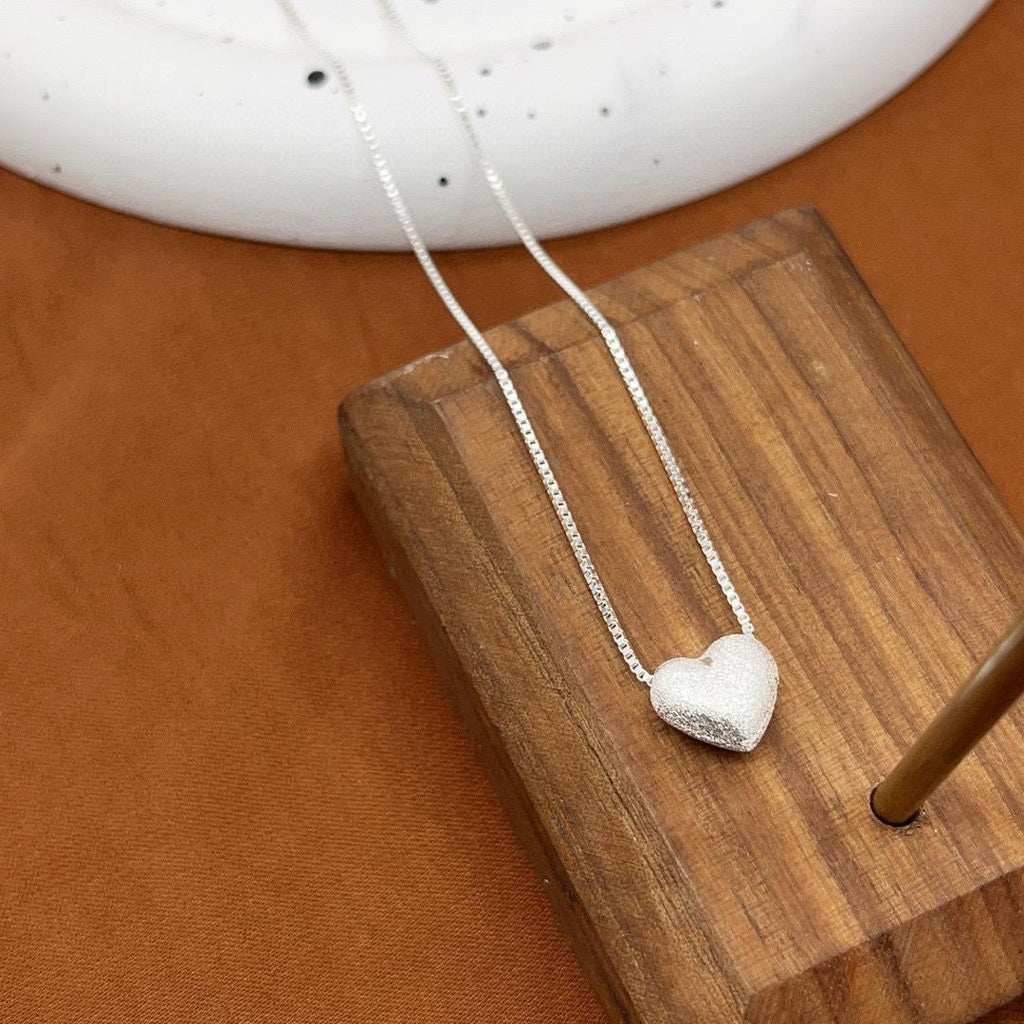 999 Sterling Silver Matte Heart Box Chain Necklace Dainty Jewelry