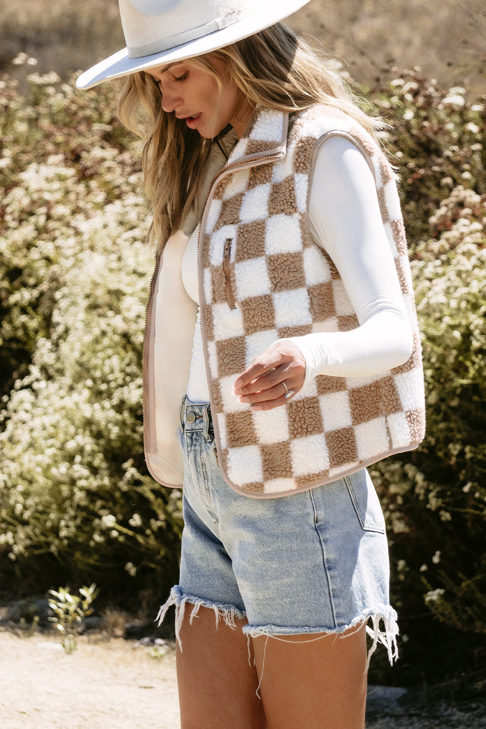 Mindi Checkered Sherpa Collared Jacket Vest