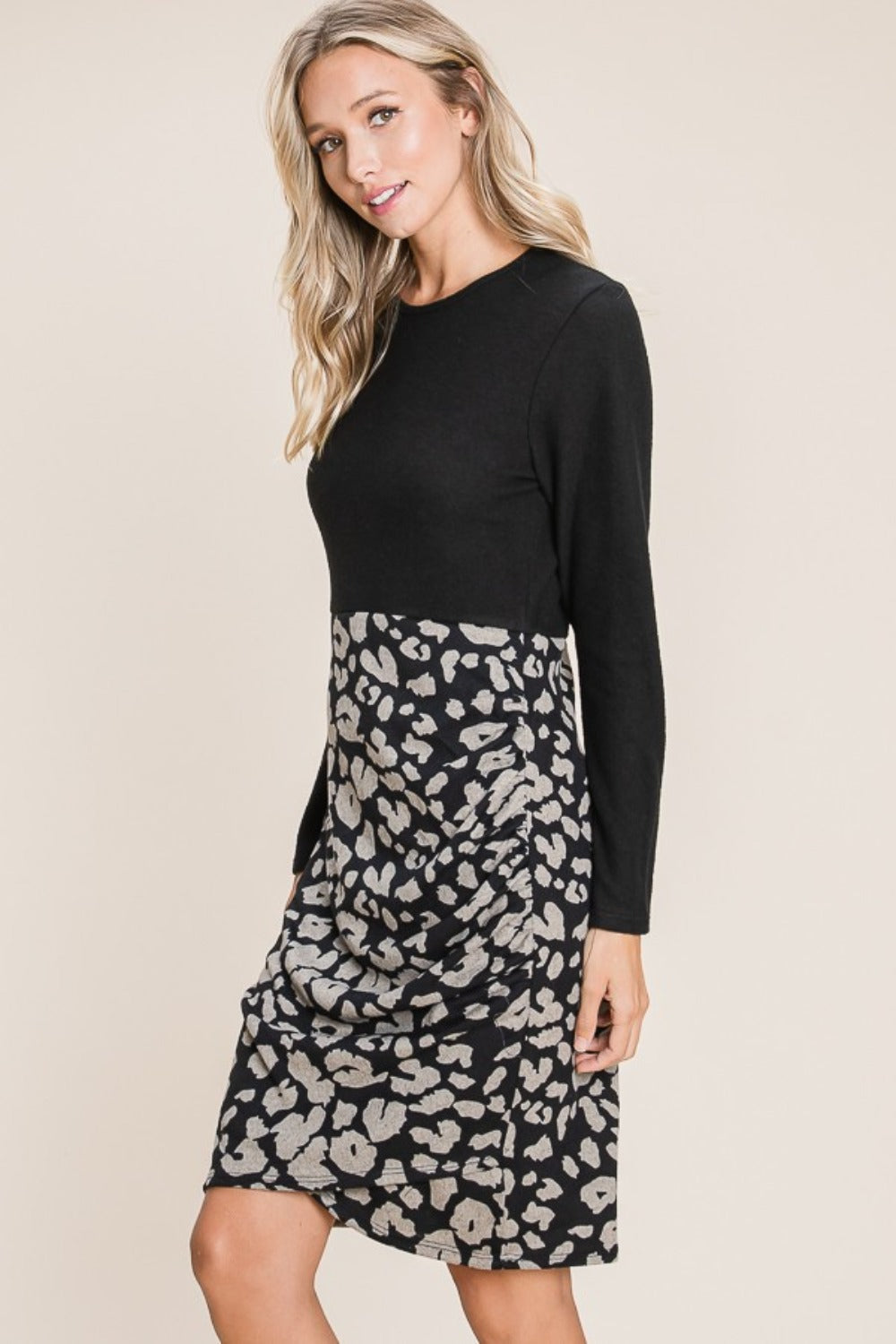 Leopard Color Block Knit Dress with Long Sleeves