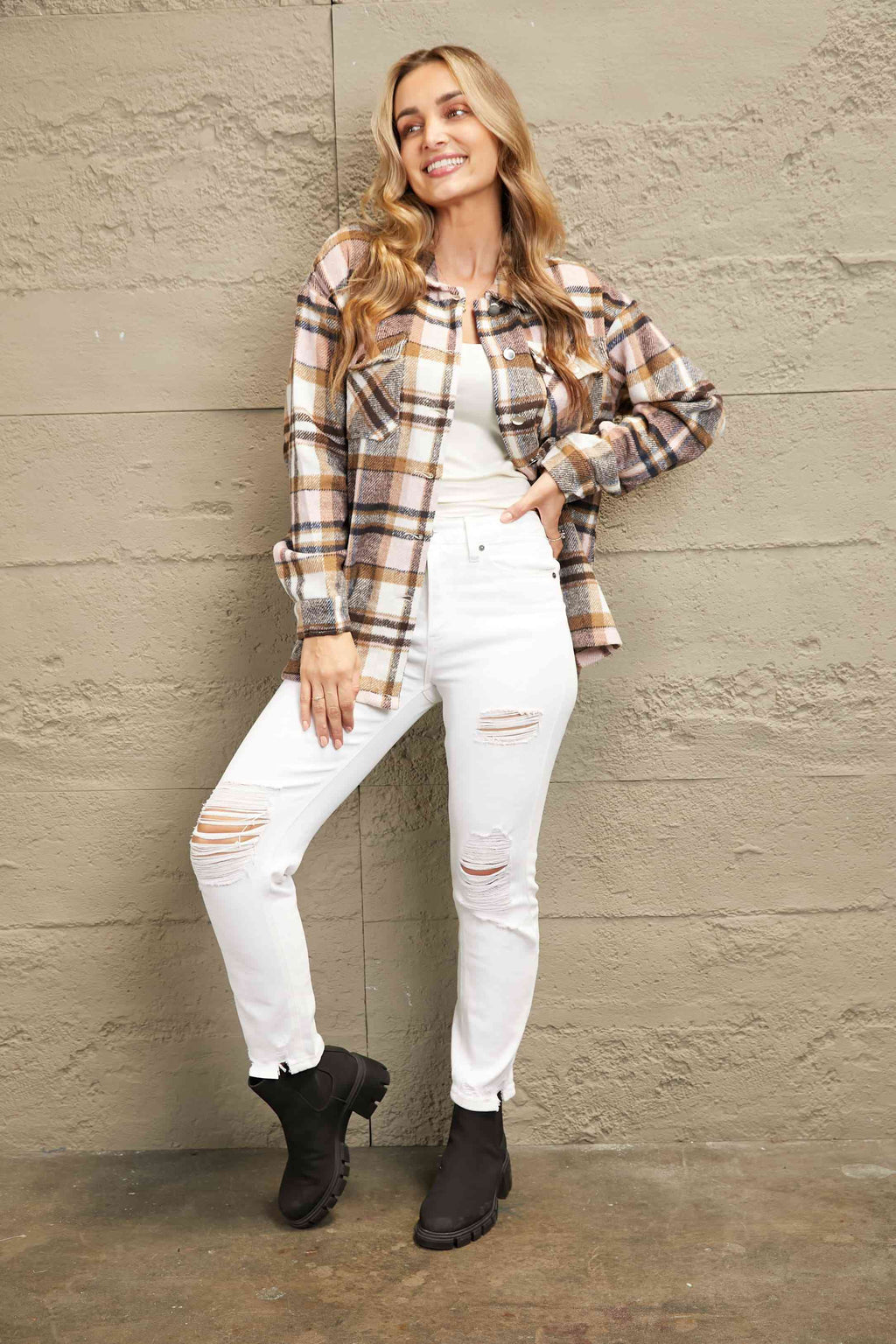 Women's Classic Plaid Button Front Shirt Jacket