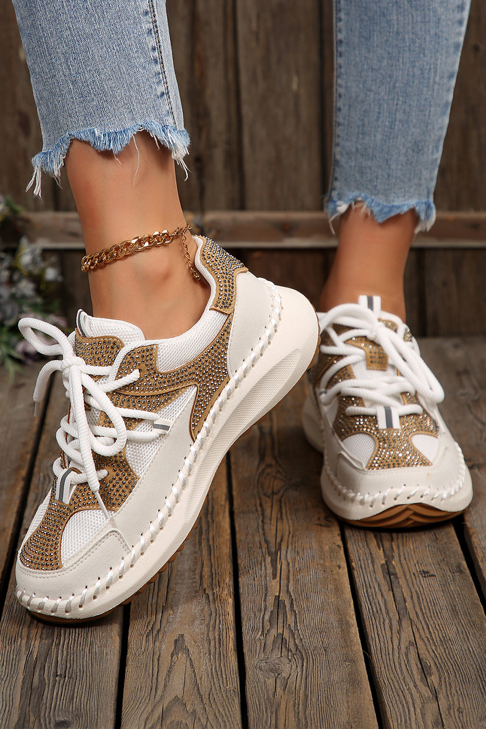 White Rhinestone Platform Sneakers Casual Lace Up Trainers