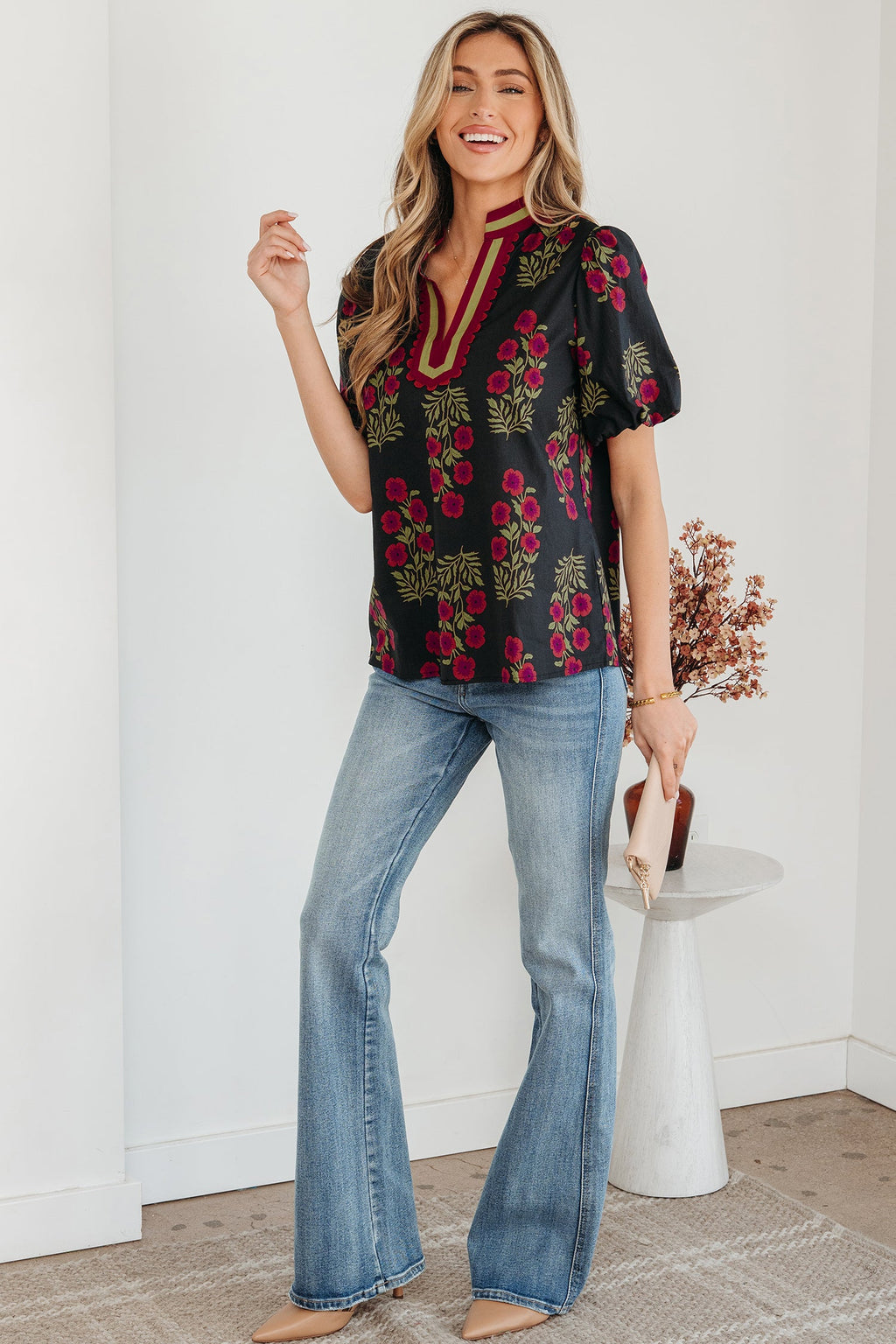 Zoe Floral Contrast Slit Neckline Blouse with Puff Sleeves
