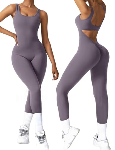 Vertvie Sleeveless Jumpsuits for Women Sexy Backless Workout One Piece Bodysuits Seamless V Back Scrunch Butt Yoga Rompers(LargePurple)