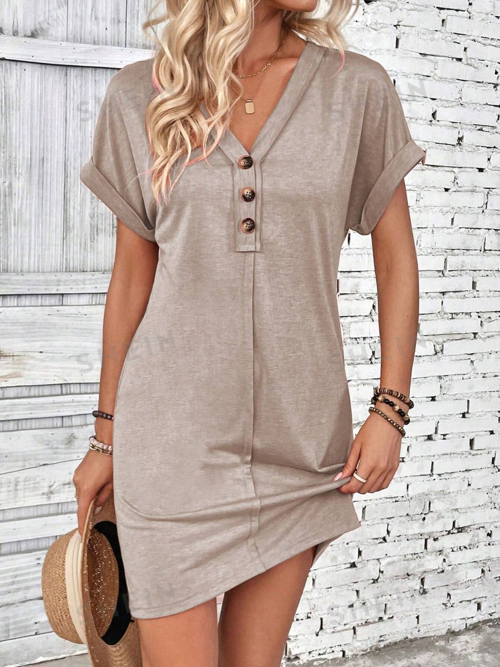 V-Neck Short Sleeve Button-Front Dress for Casual and Office Wear