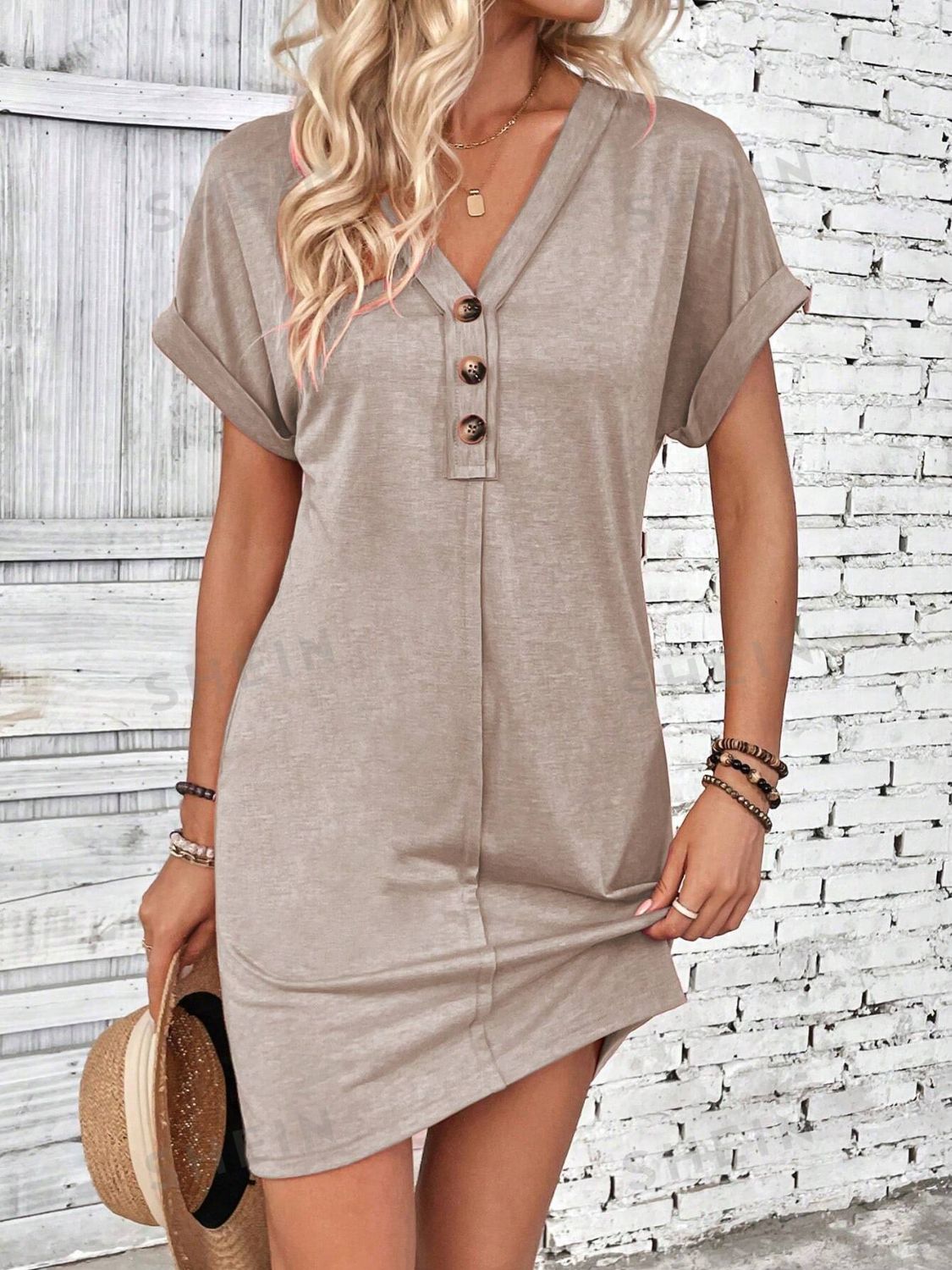 V-Neck Short Sleeve Button-Front Dress for Casual and Office Wear