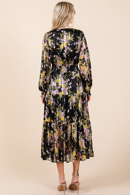 Floral Print Satin Lurex Stripe Smocked Midi Dress
