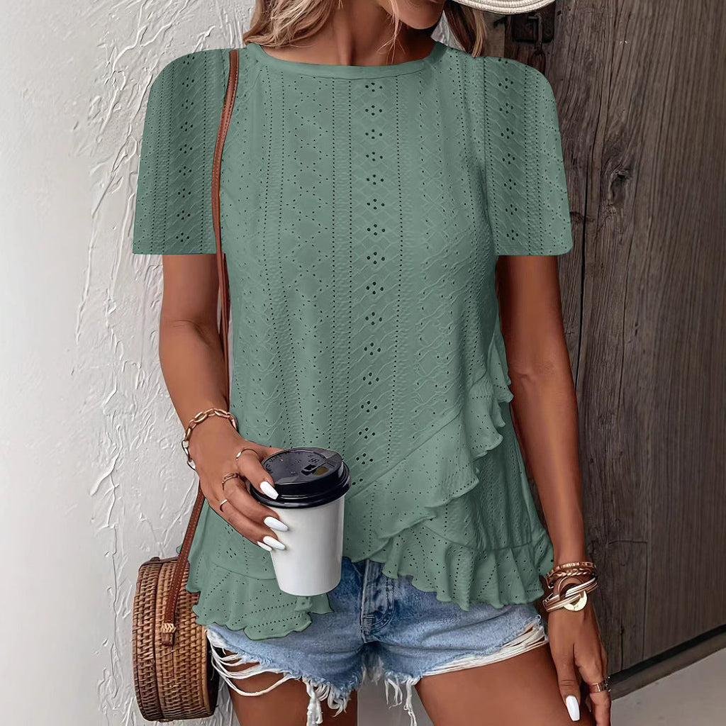 Women’s Casual Short Sleeve Crew Neck Ruffle Hem Top