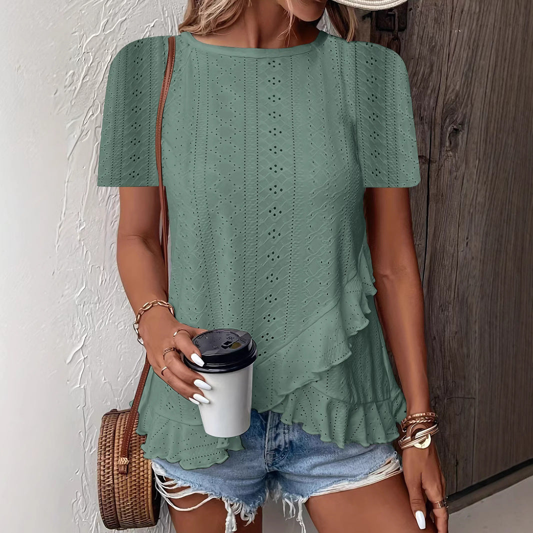 Women’s Casual Short Sleeve Crew Neck Ruffle Hem Top