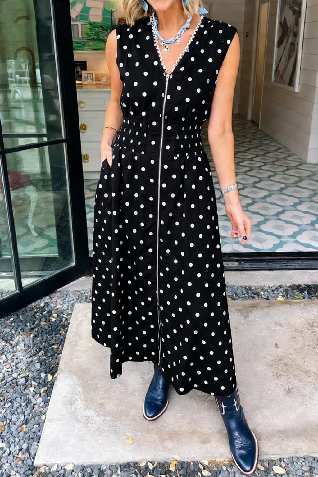 Polka Dot Zip Up V-Neck Sleeveless Dress