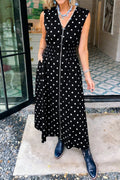Polka Dot Zip Up V-Neck Sleeveless Dress
