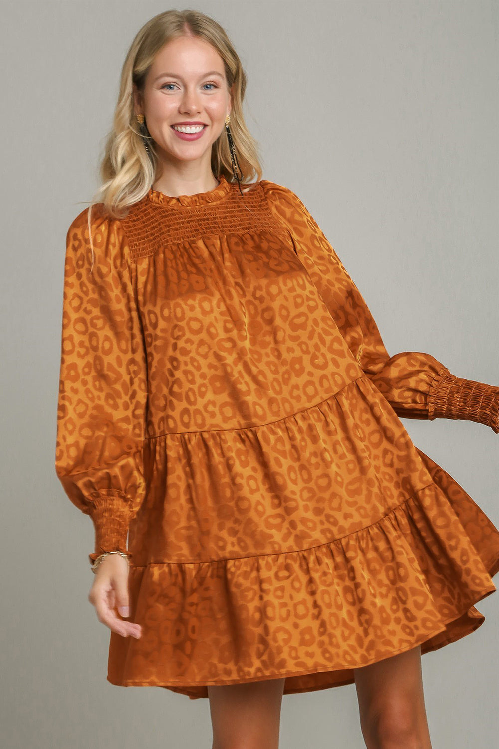 Smocked leopard print long sleeve tiered dress in rust and bronze satin