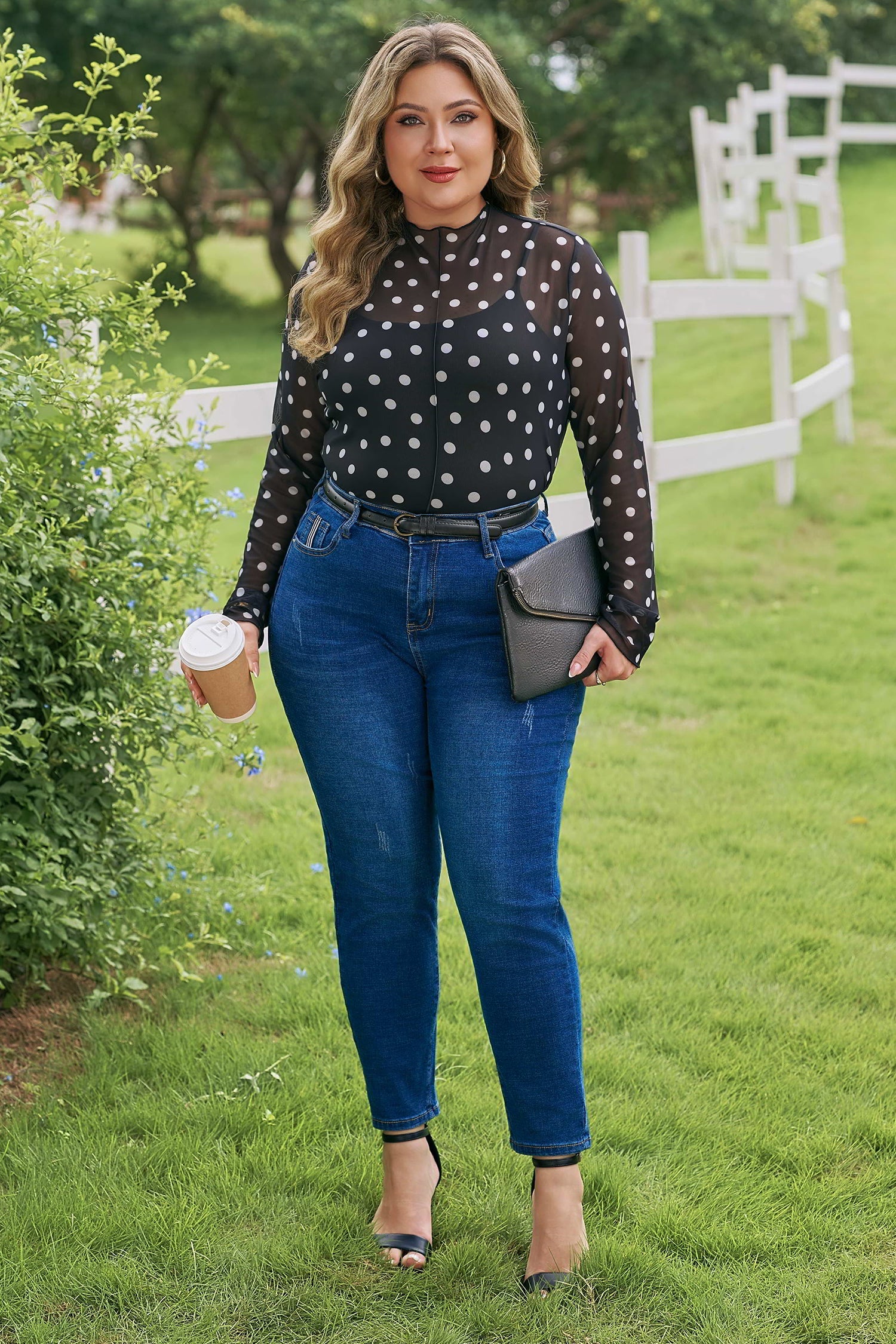 Polka Dot Mesh Long Sleeve Top Colorblock Modern Minimalist Tee