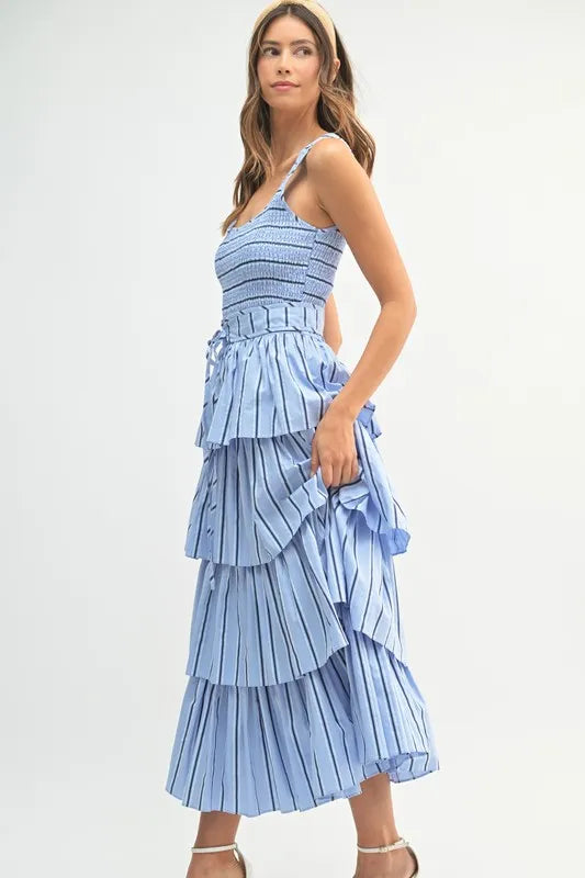 Pinstripe Smocked Bodice Layered Midi Dress in Light Blue
