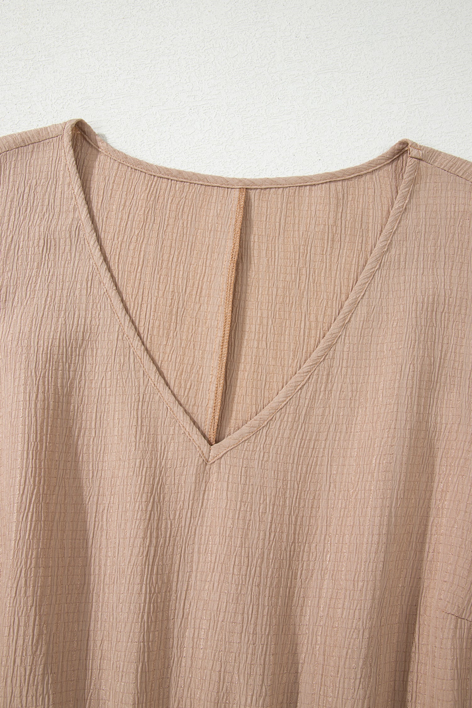 Textured Ruffle V-Neck Mini Dress in Taupe & Khaki