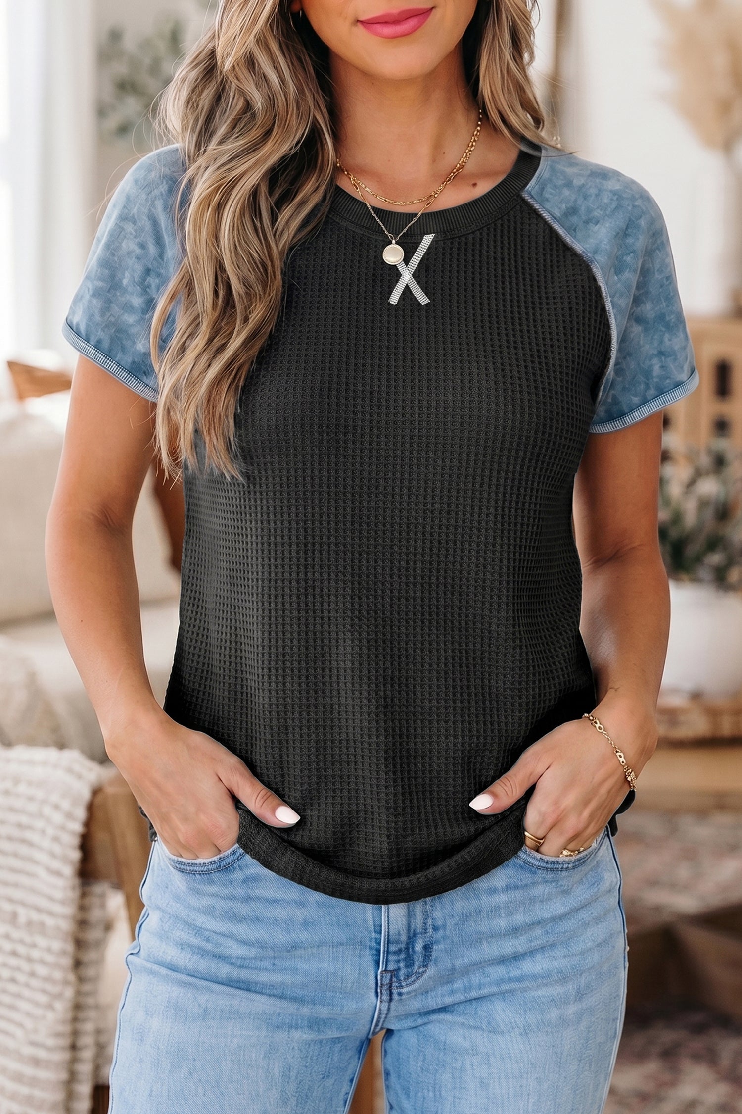 Carbon Grey Waffle Knit Color Block Patchwork Short Sleeve Top