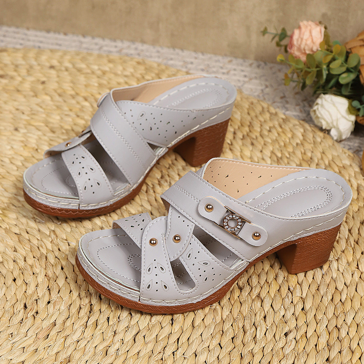 Women's High-Heel Slip-On Sandals Round Toe Summer Dress Shoes