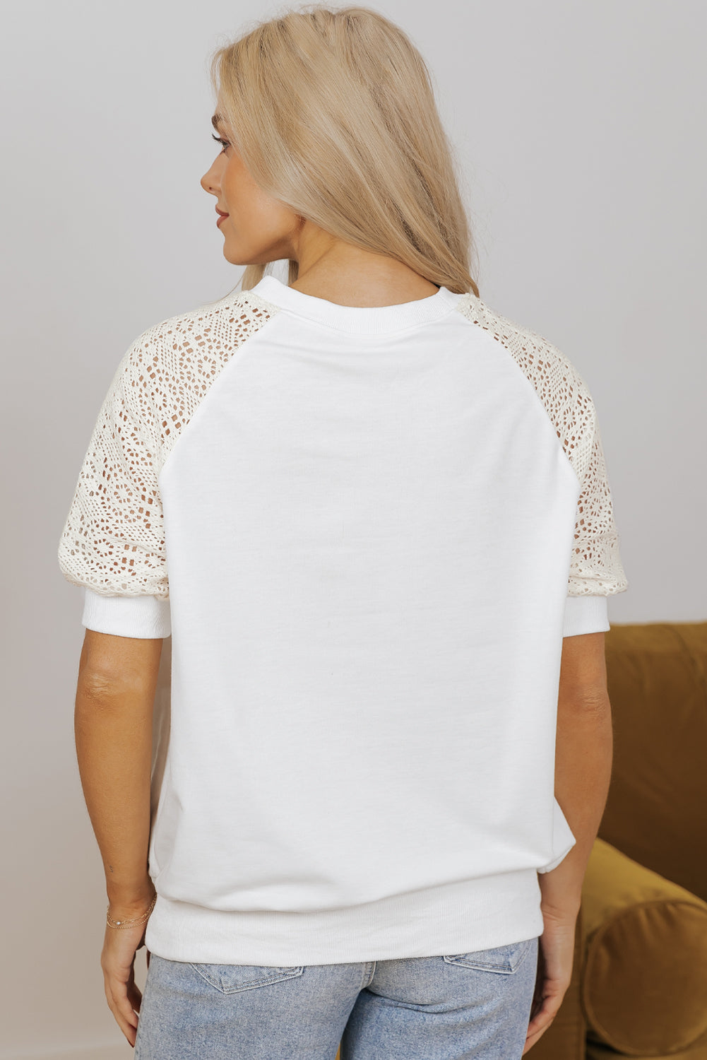 White Lace Crochet Short Sleeve Round Neck T-Shirt