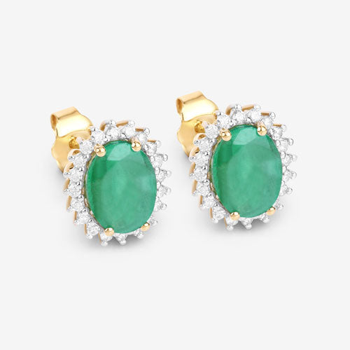 2.66 Carat Genuine Zambian Emerald and White Diamond 10K Yellow Gold Earrings