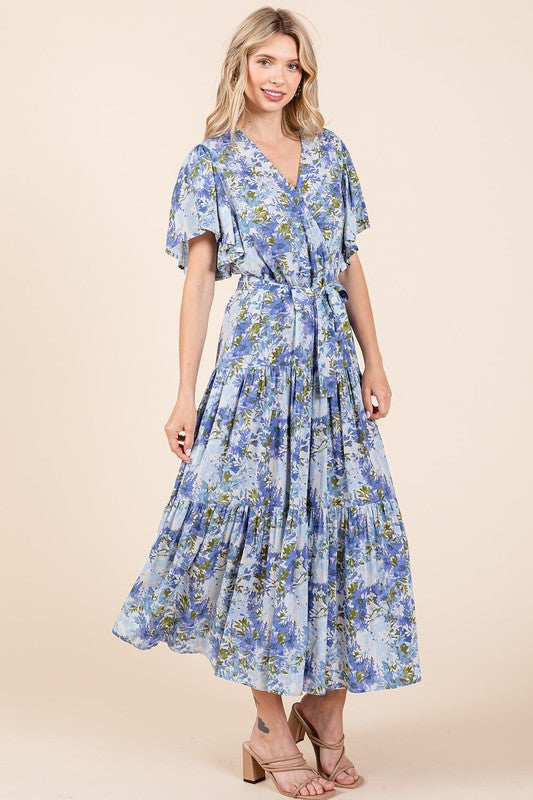 Floral Tie Waist Flutter Sleeve Tiered Dress in Blue and Green