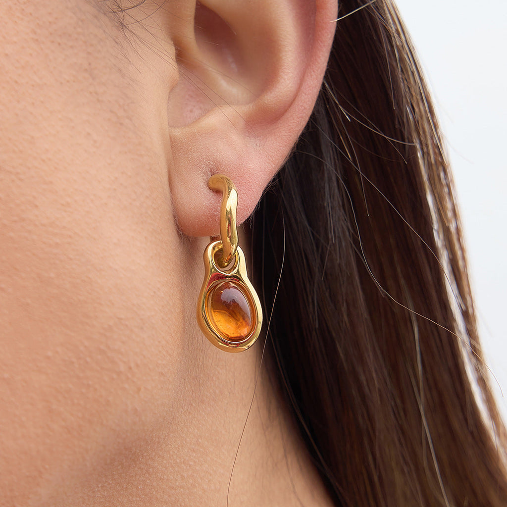 Amber Resin Geometric Drop Earrings in Gold Tone