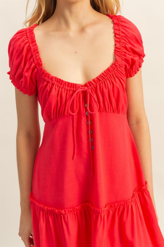 Red Ruched Frill Tiered Mini Dress for Summer