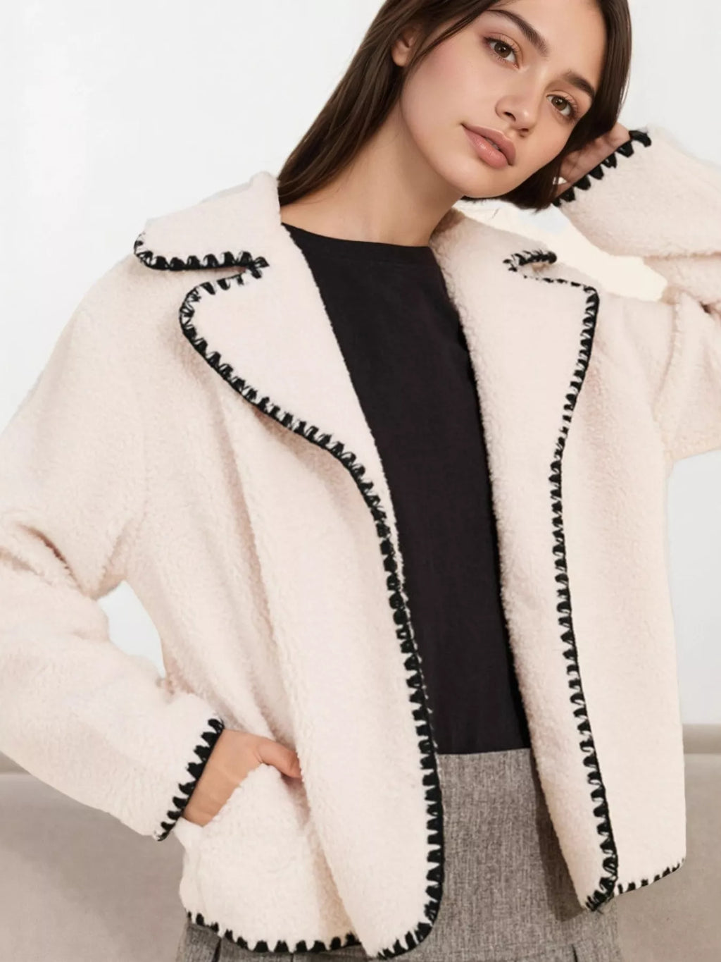 Sherpa Contrast Trim Button Up Outerwear