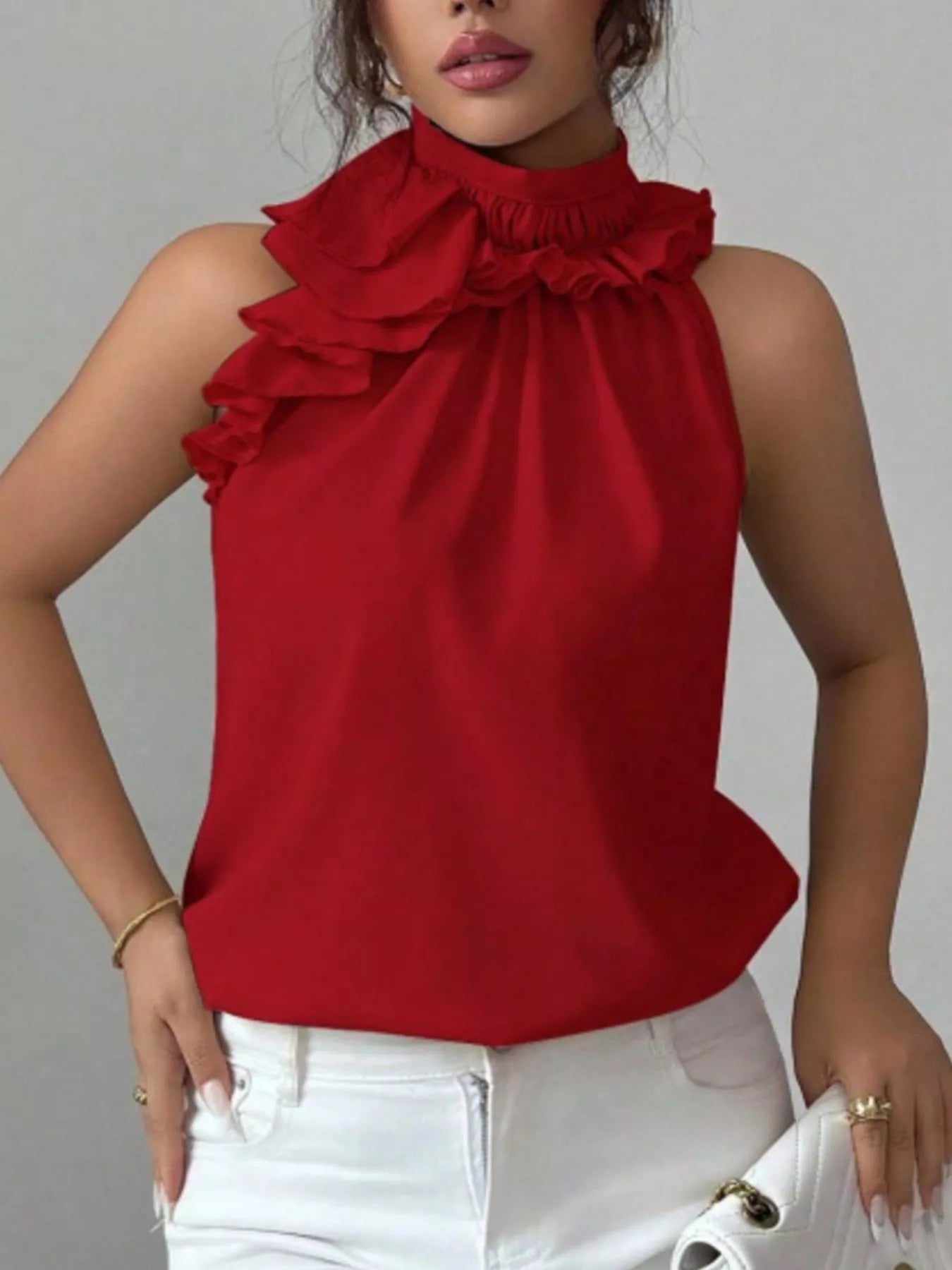 Ruffle High Neck Sleeveless Tank