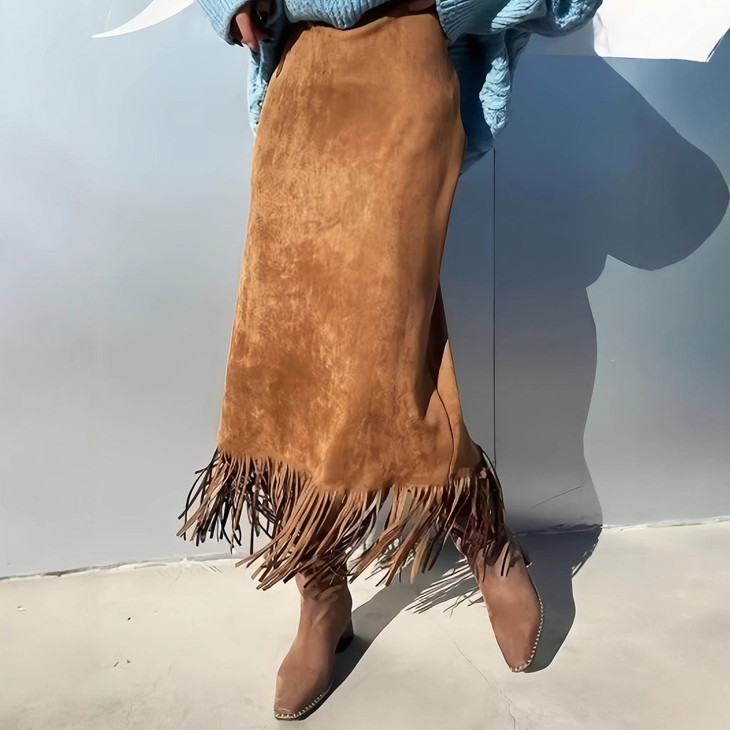 Woman wearing an elegant straight-cut suede skirt in a slim fit silhouette