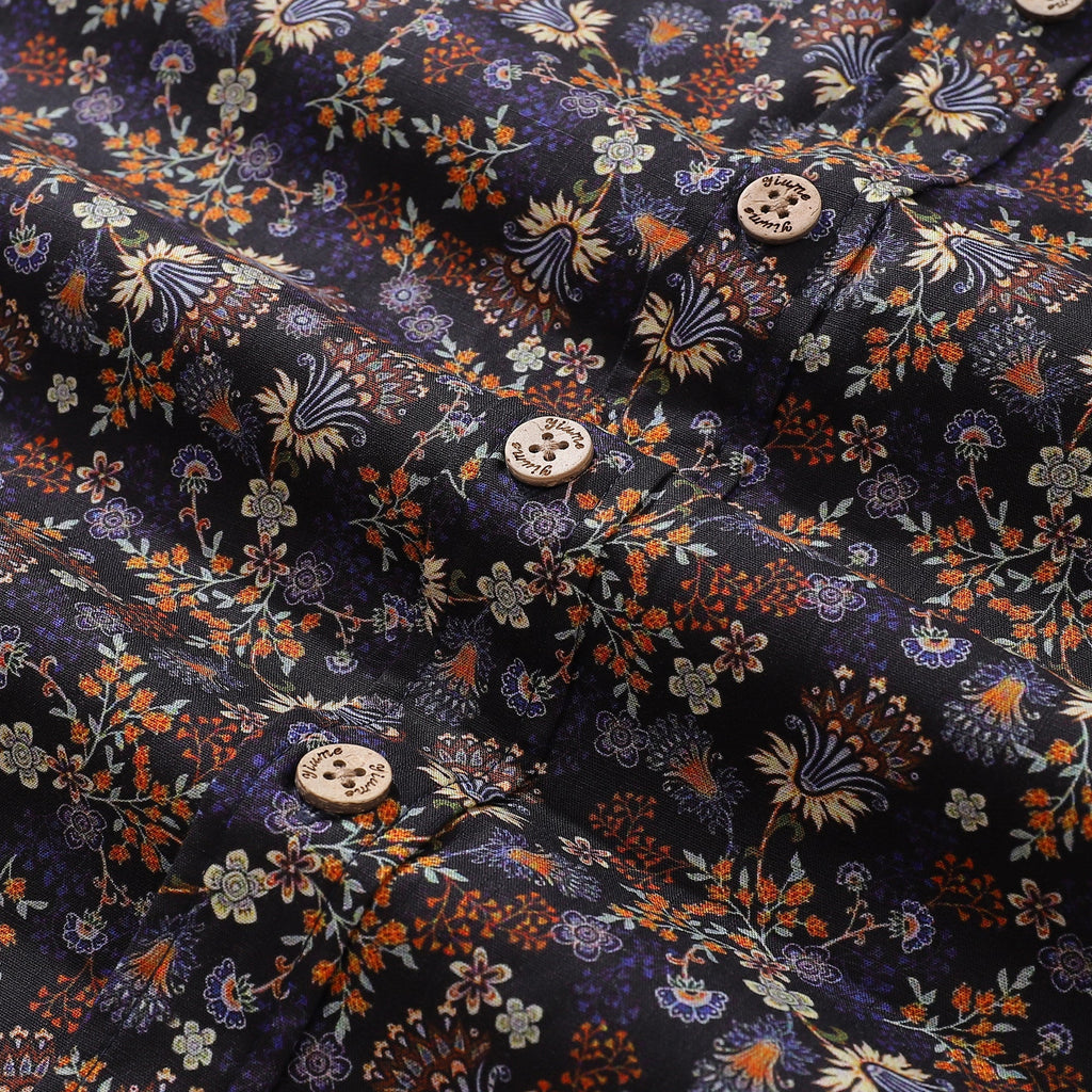 Floral Print Men's Short Sleeve Cotton Shirt, Night Garden Design