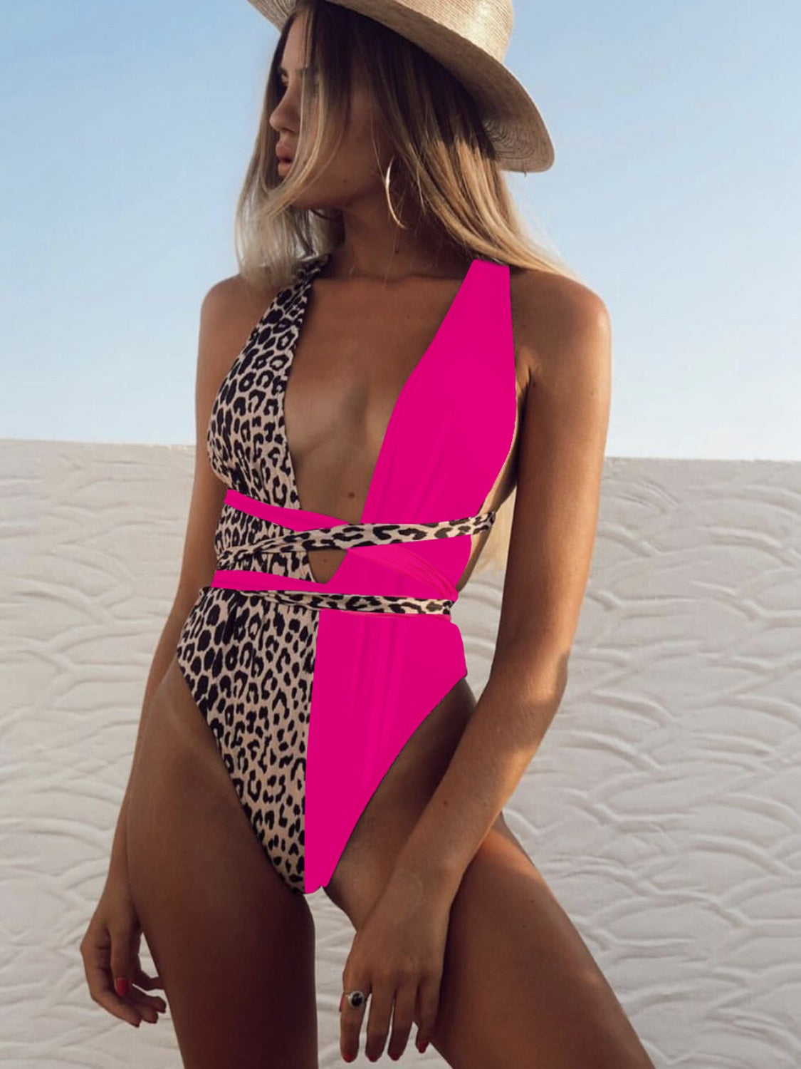 Tied Leopard Plunge One-Piece Swimsuit | Removable Padding