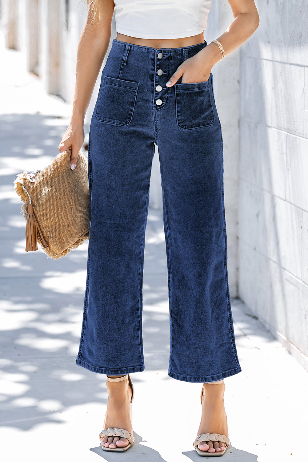 Mckinley Wide Leg Cropped Jeans in Blue - Vintage High Waist Denim