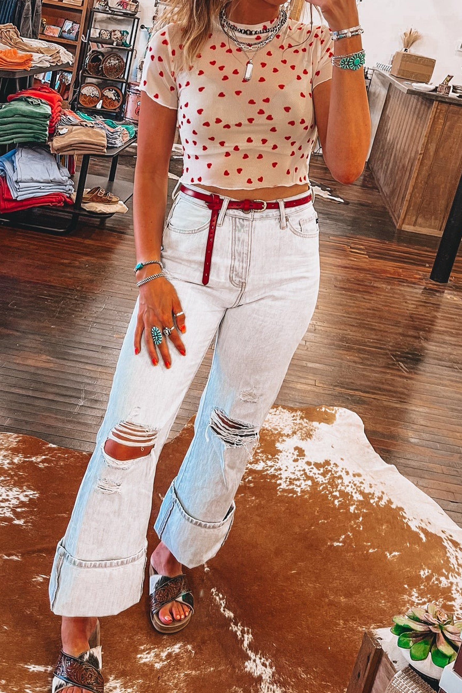 White Red Allover Heart Print Mesh Short Sleeve Crop Top