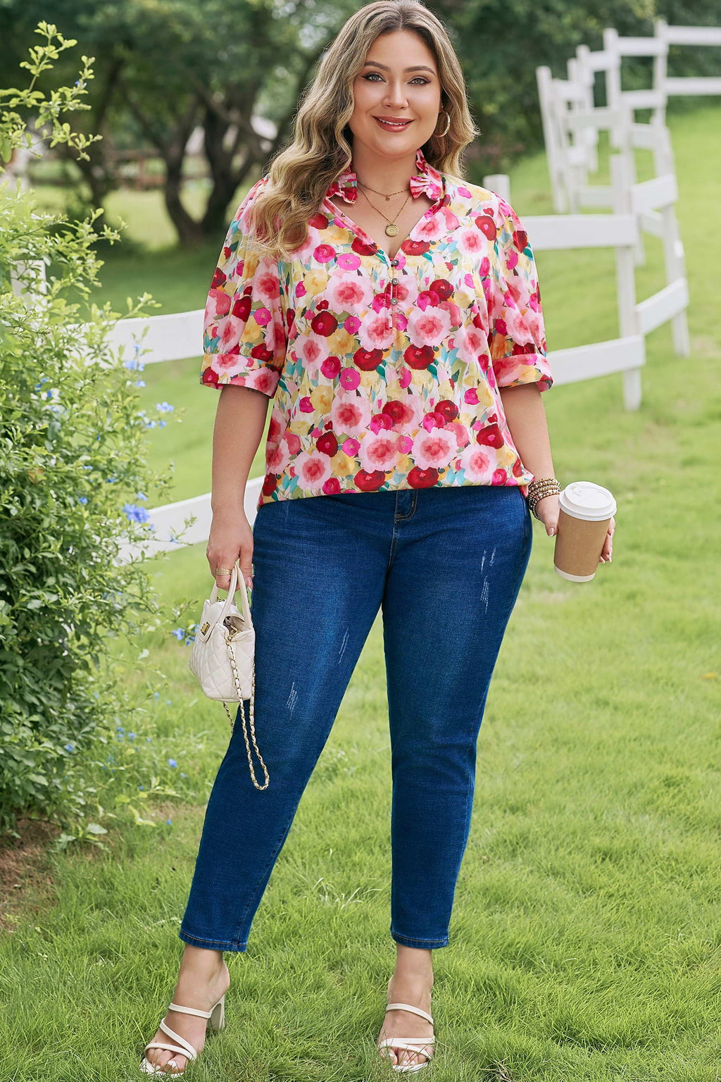 Oaklynn Puff Short Sleeve Floral V-Neck Top in Pink Red Yellow
