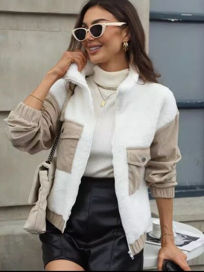 Modern White Contrast Zip-Up Long Sleeve Jacket