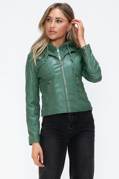 Women's Faux Leather Zip-Up Hooded Jacket Casual Urban Streetwear