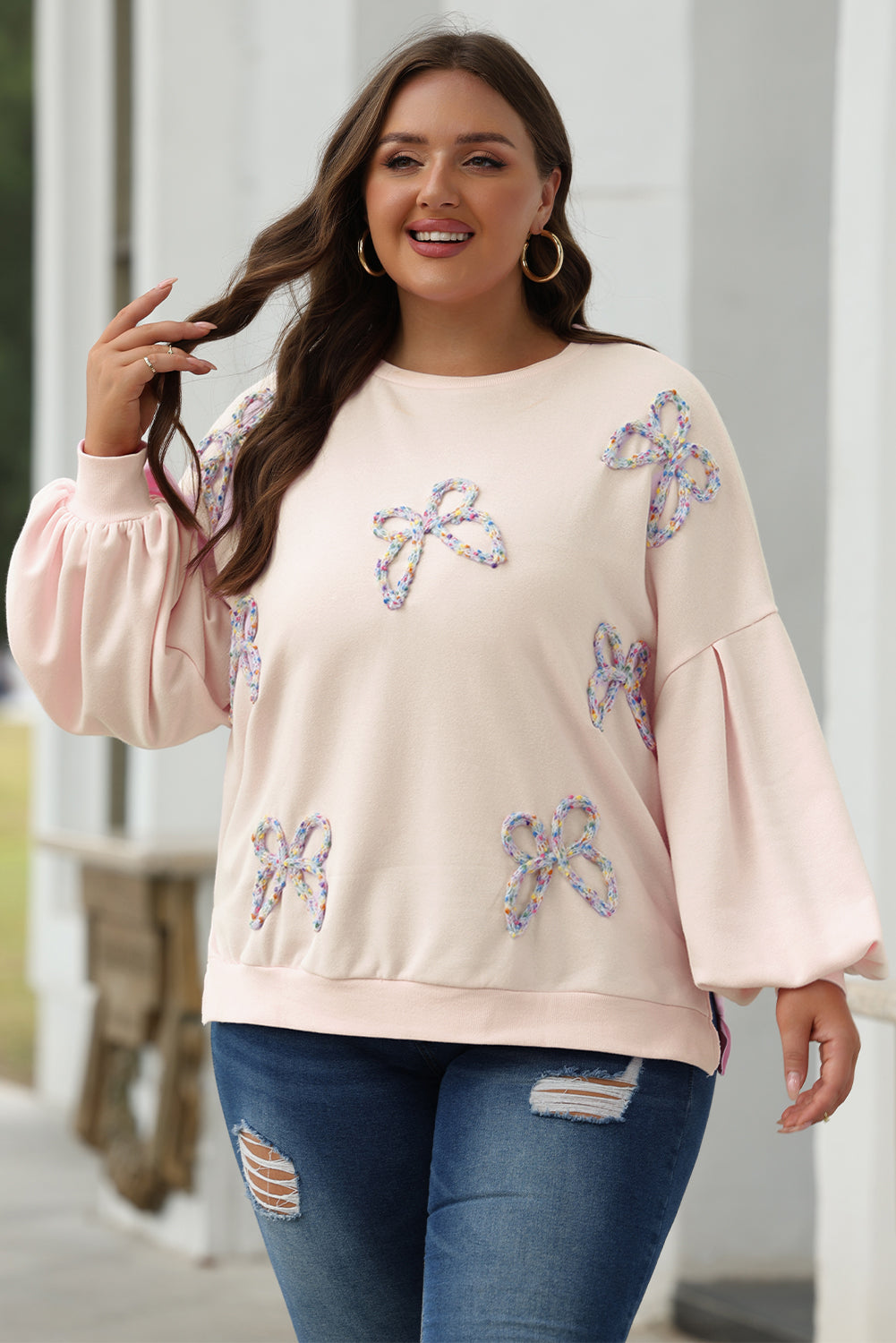 Parchment Embroidered Bow Lantern Sleeve Oversized Sweatshirt