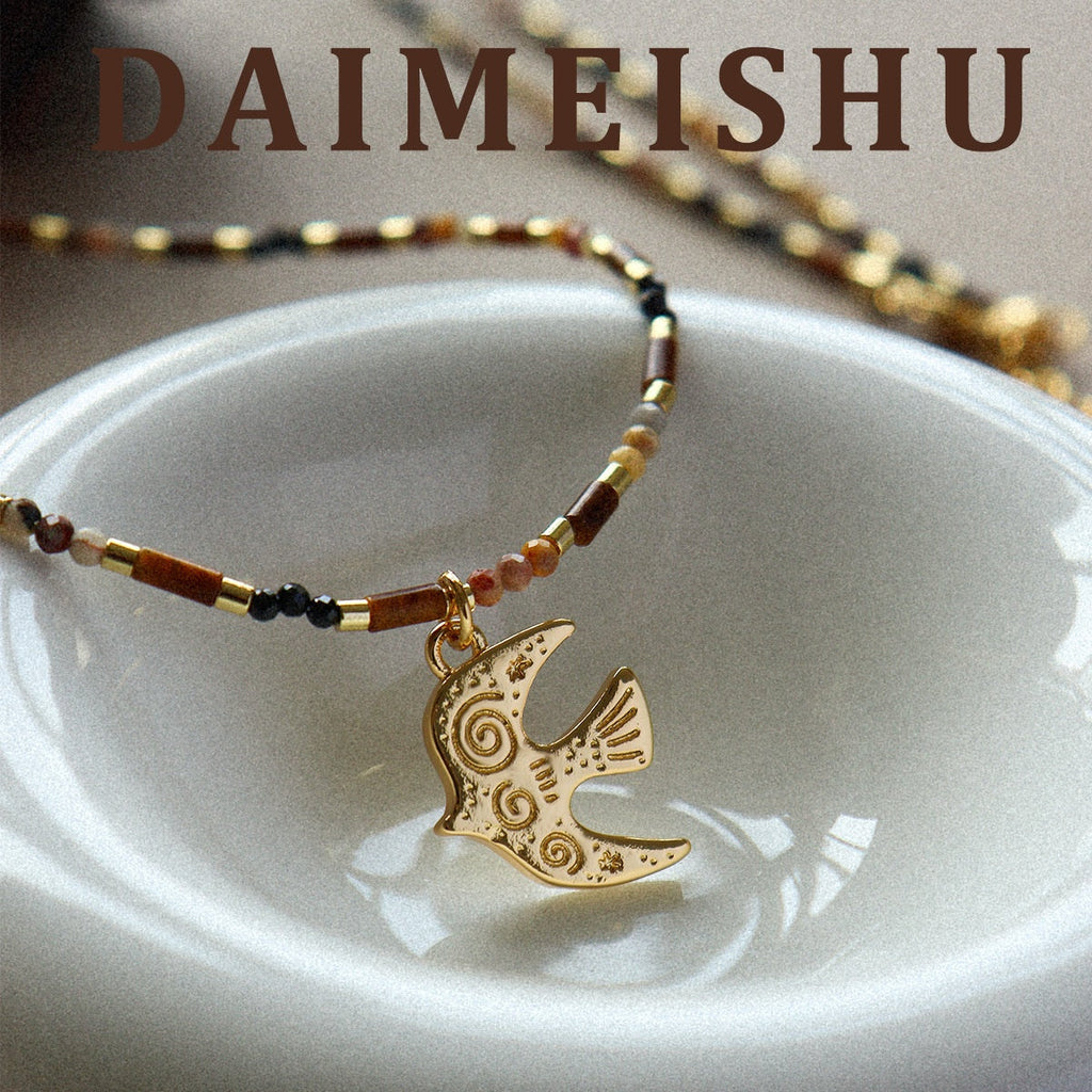 Tiger's Eye Bird Pendant Necklace Handmade Bohemian Brass Jewelry