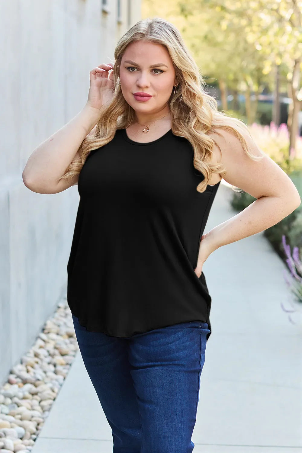 Round Neck Curved Hem Tank Top | Rayon Spandex Knit
