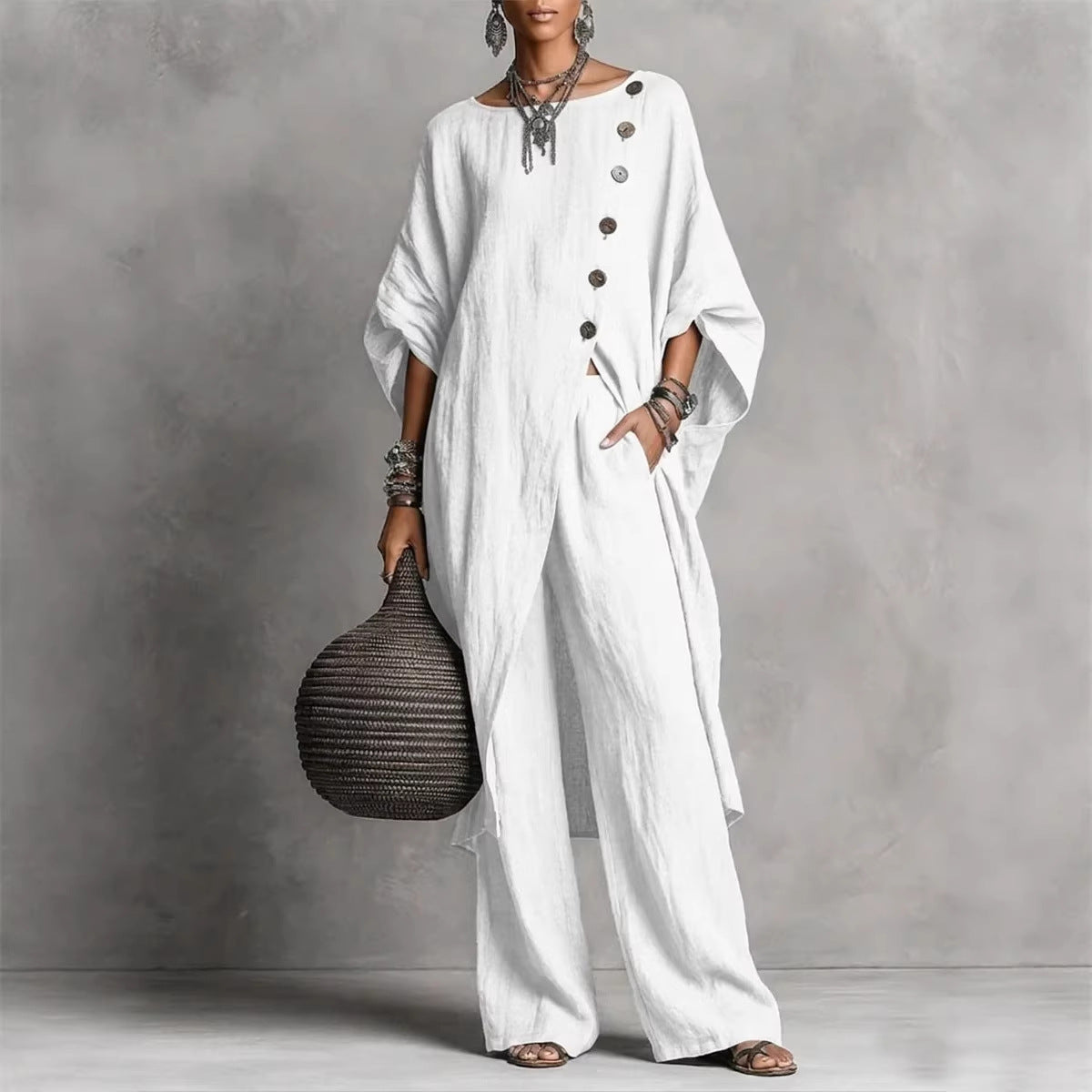 Women's Drop Shoulder Irregular Hem Tunic and Wide Leg Pants Set - Image 2