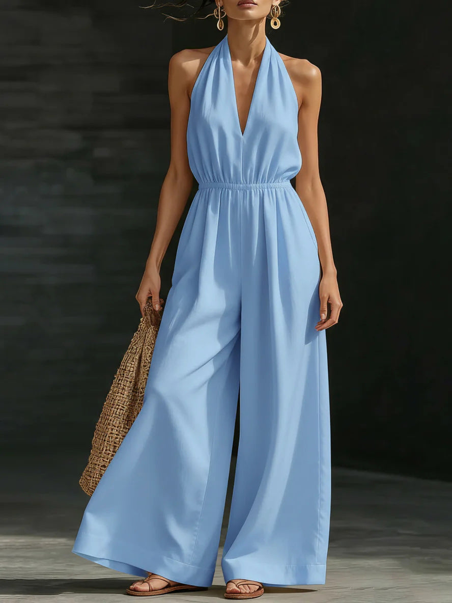 Women’s V-Neck Halter Neck Wide-Leg Sleeveless Jumpsuit