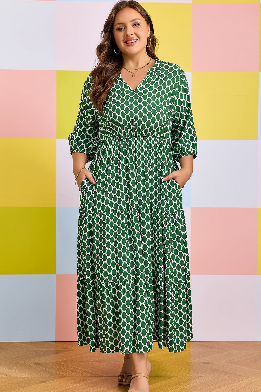 Johanna Ruffle Hem Geometric Print V-Neck Midi Dress