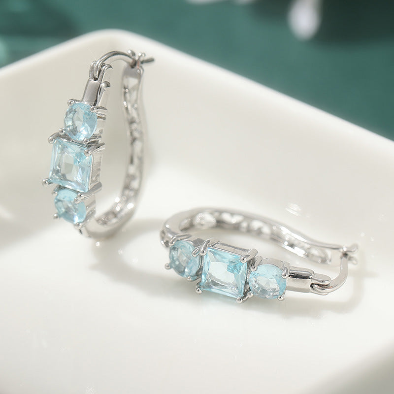 Elegant Blue Square Crystal Hoop Earrings Silver Tone Brass Women Wedding Party Fashion Jewelry Gift