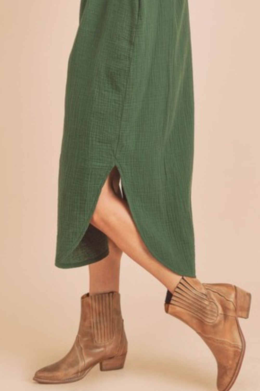 Cotton Round Neck Midi Tank Dress with Pockets - Dark Green