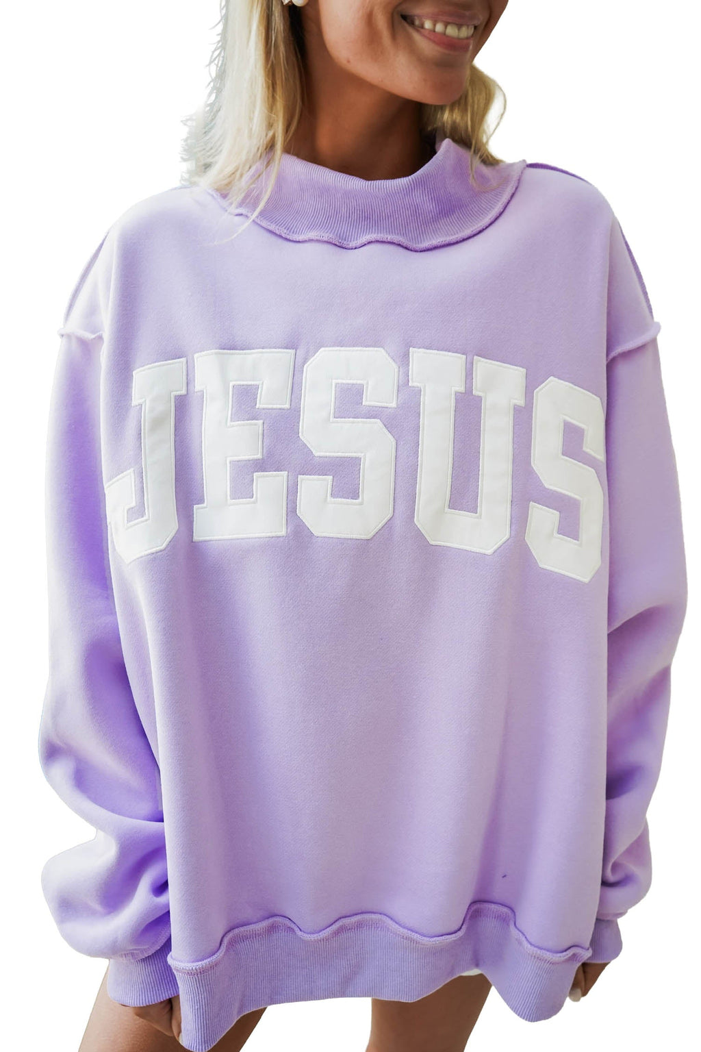 Orchid Bouquet JESUS Letter Print Exposed Seam Mock Neck Baggy Sweatshirt