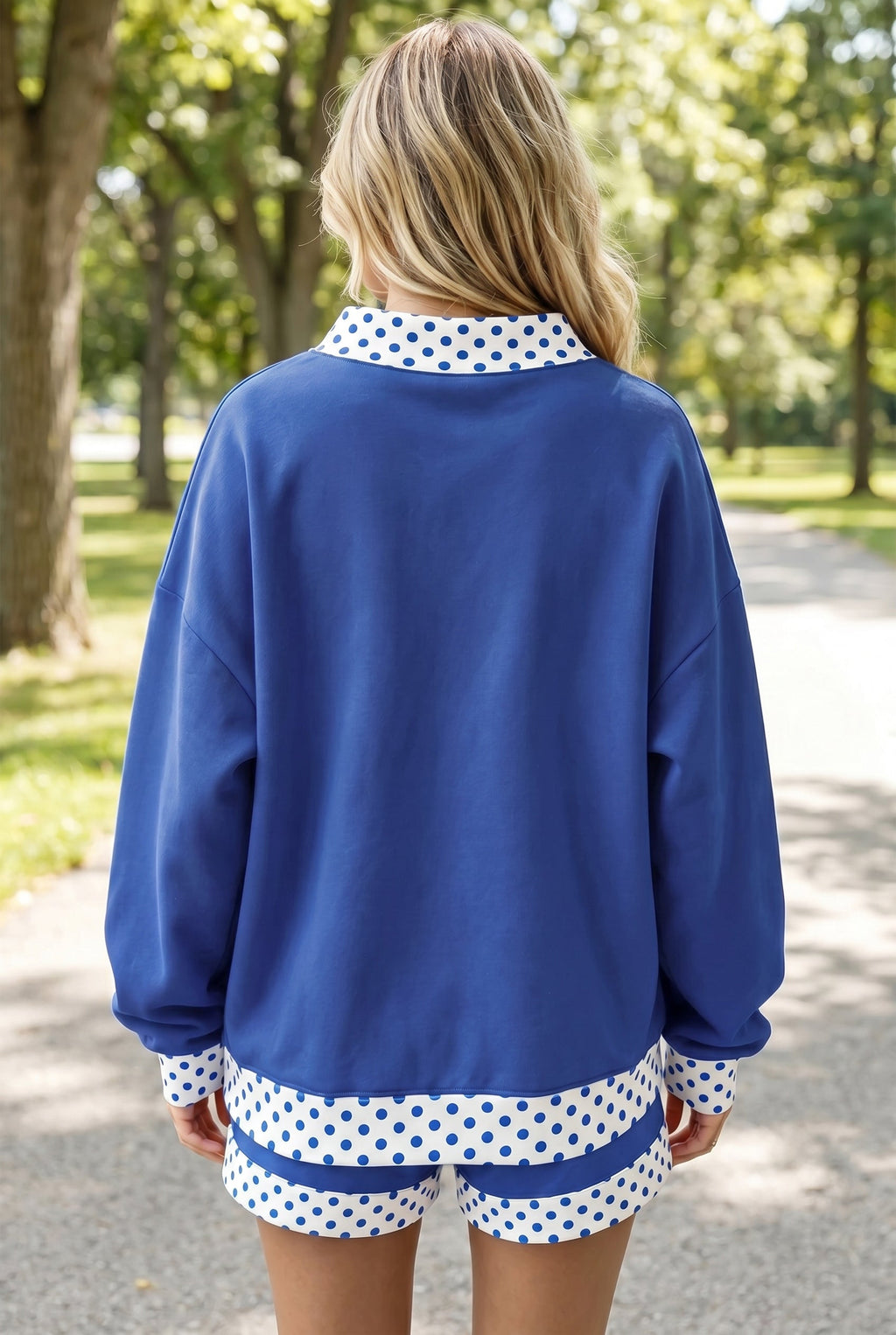 Dark Blue Polka Dot Trim Baggy Pullover 2pcs Short Set
