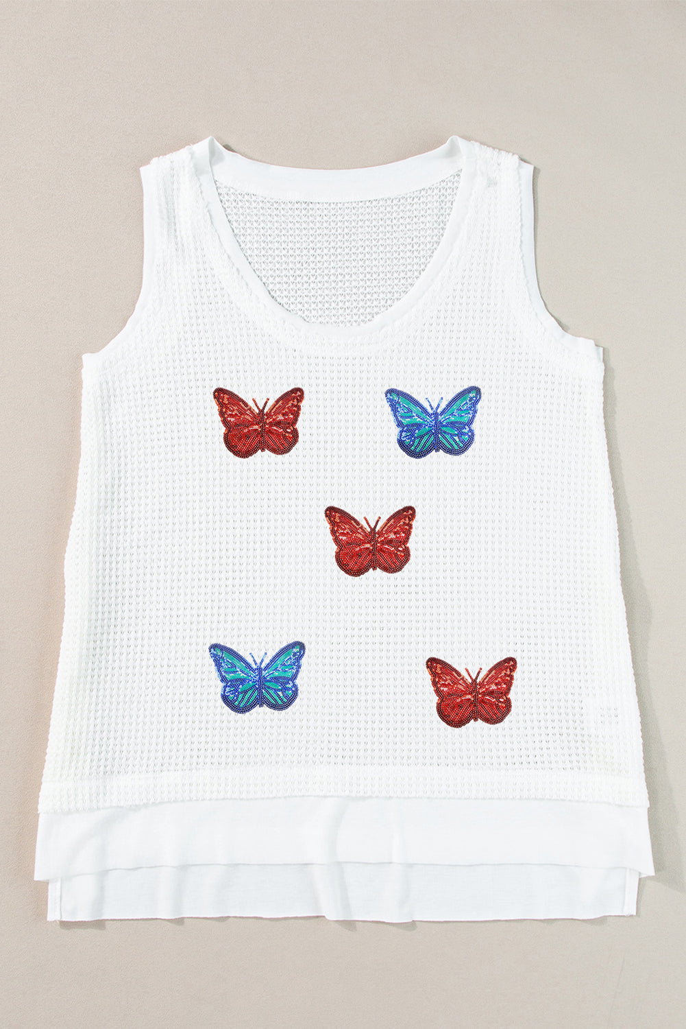 White Waffle Knit Tank Top with Colorful Sequin Butterfly Detail - Image 4