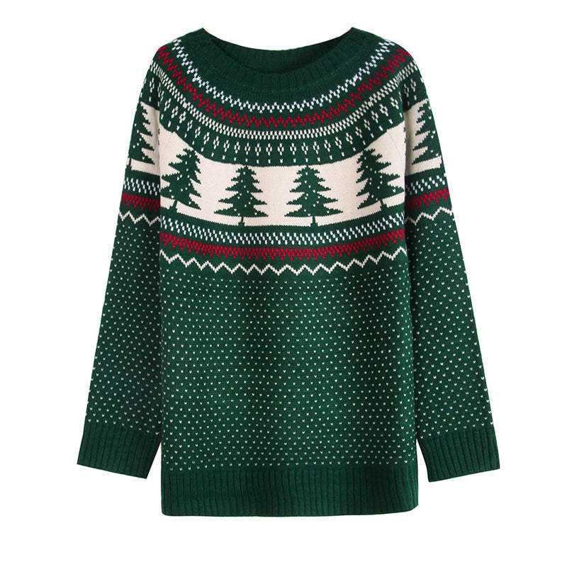 Women's Festive Pine Pattern Knit Holiday Sweater Round Neck - Image 9