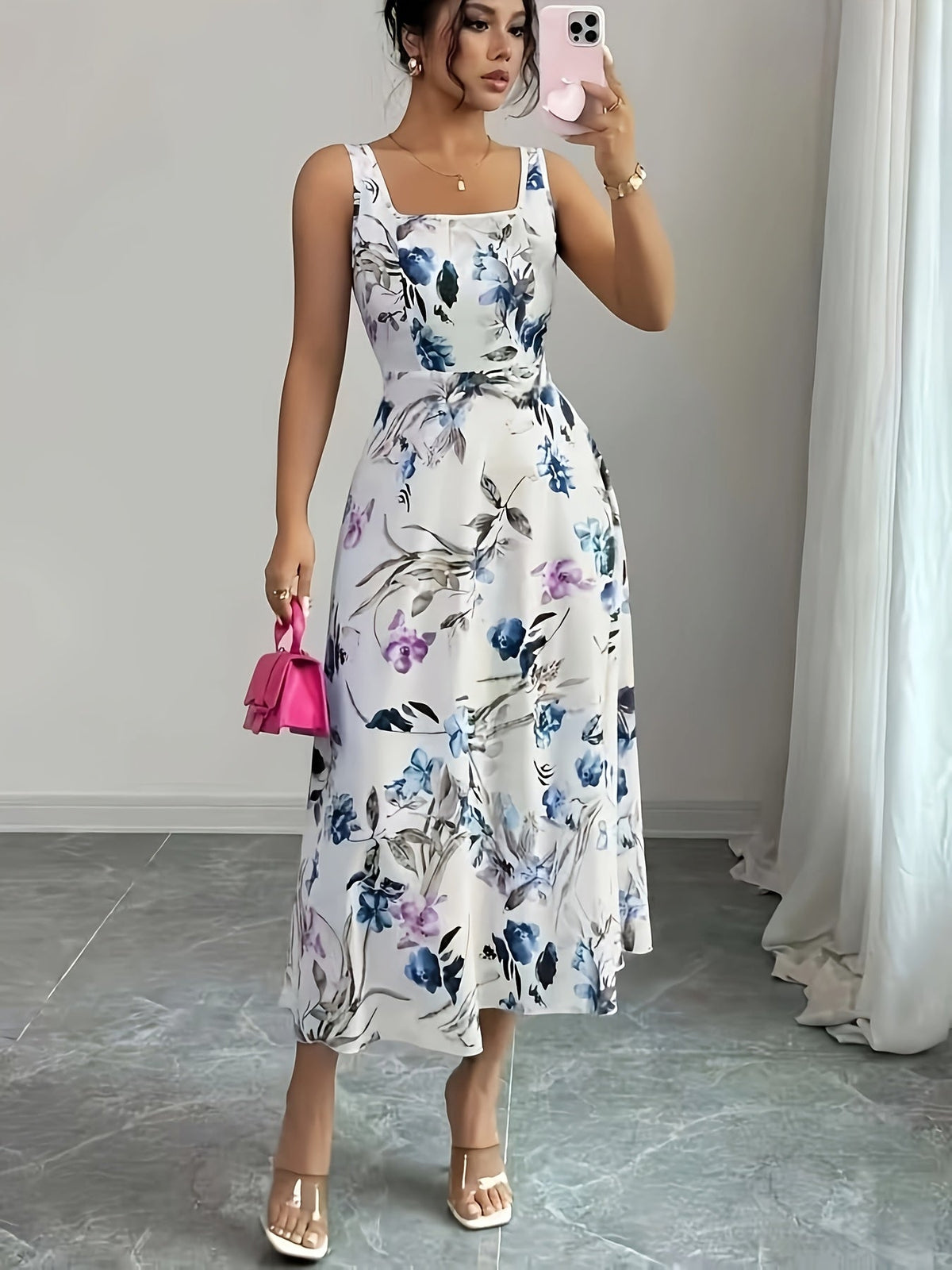 Elegant Floral A-Line Sleeveless Square Neck Long Dress